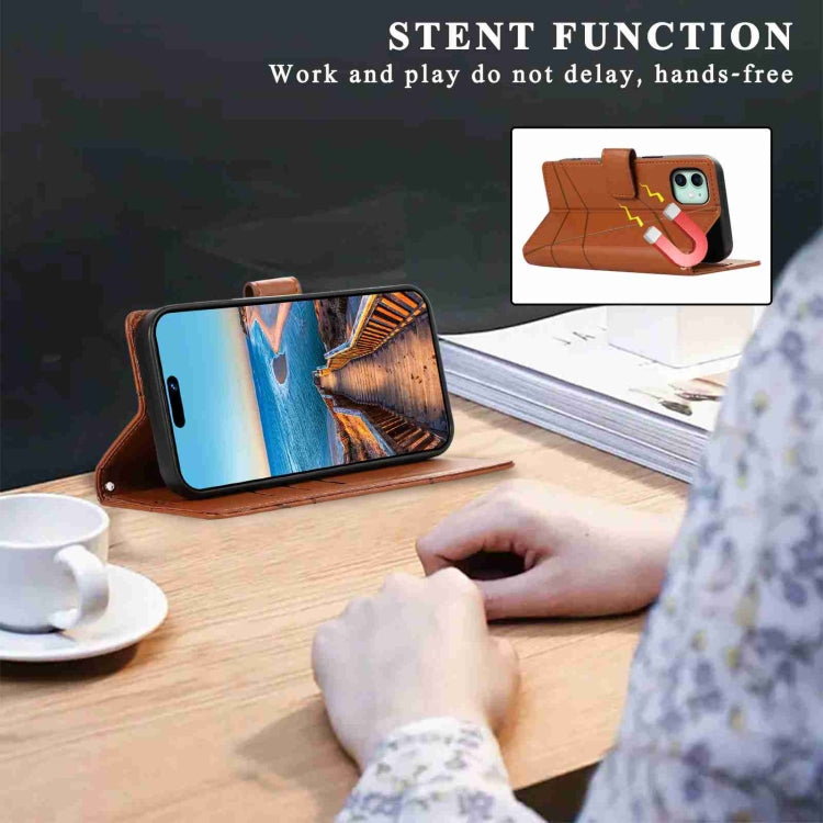 For iPhone 11 PU Genuine Leather Texture Embossed Line Phone Case with card slots and wrist strap, showcasing its stylish design and functionality.